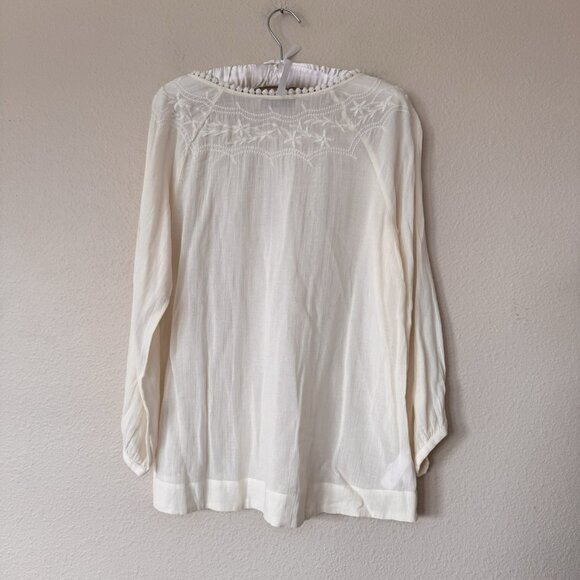 LOFT Size Medium Embroidered Floral Neckline Long Sleeve Rayon Off White Blouse - Picture 9 of 9